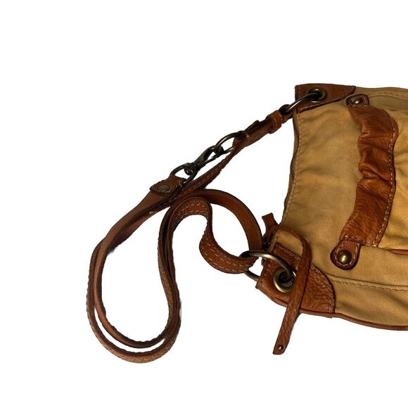 Fossil Crossbody Bag Vintage Tan Brown Camel Leather Canvas Adjustable Purse - Picture 4 of 8